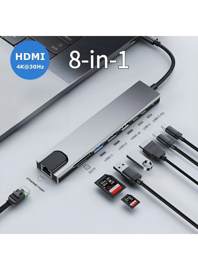 محطة إرساء عالمية 8 في 1 مع منفذ HDMI، شحن سريع PD، منفذ إيثرنت، وفتحات قارئ بطاقات SD/TF، متوافقة مع أجهزة لابتوب USB-C مثل أجهزة آبل وغيرها من الأجهزة ذات منفذ Type-C - Image 1